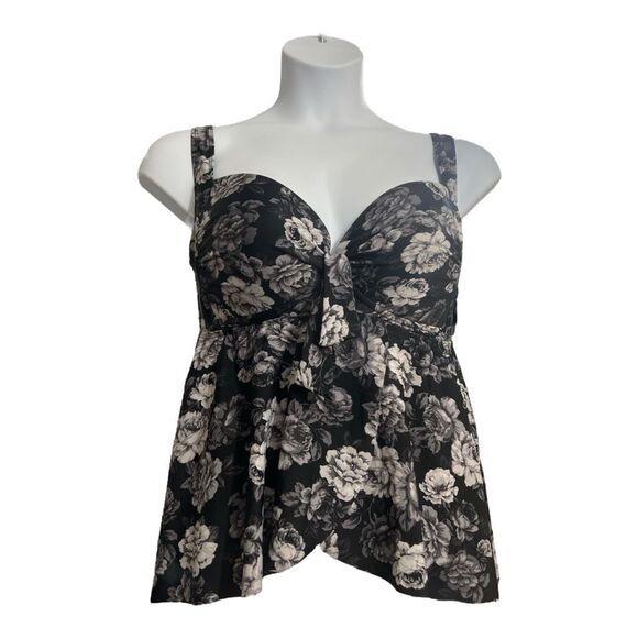 Torrid Black Grey Floral Retro Tankini Top Plus Size 1F Slit Swimwear Women - Picture 1 of 12